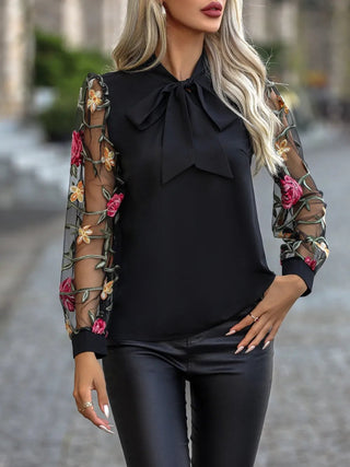 Honey Printed Tie Neck Long Sleeve Blouse - A Roese Boutique