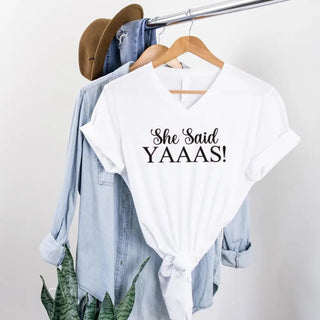 💍 I Said YAAAS Bachelorette Crew Party 🍾 Matching V - Neck T-Shirts - A Roese Boutique