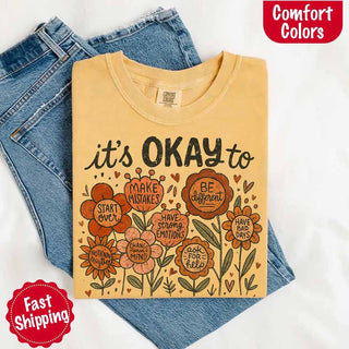 It’s Okay Boho Floral Comfort Colors Tee – Vintage Wildflower Shirt for Women - A Roese Boutique