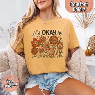 It’s Okay Boho Floral Comfort Colors Tee – Vintage Wildflower Shirt for Women - A Roese Boutique
