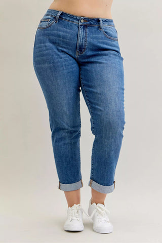 Judy Blue Full Size Mid Rise BF Classic Cuffed Jeans Plus Size - A Roese Boutique