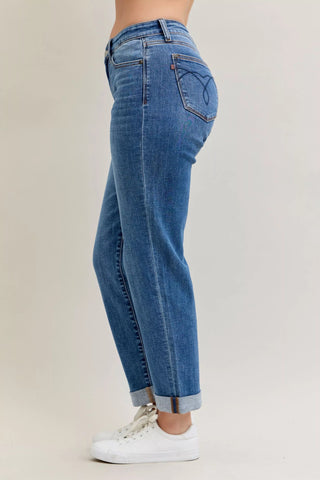 Judy Blue Full Size Mid Rise BF Classic Cuffed Jeans Plus Size - A Roese Boutique