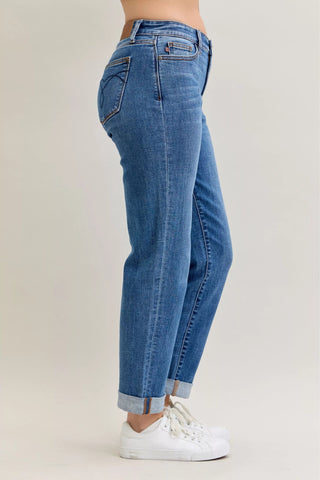 Judy Blue Full Size Mid Rise BF Classic Cuffed Jeans Plus Size - A Roese Boutique