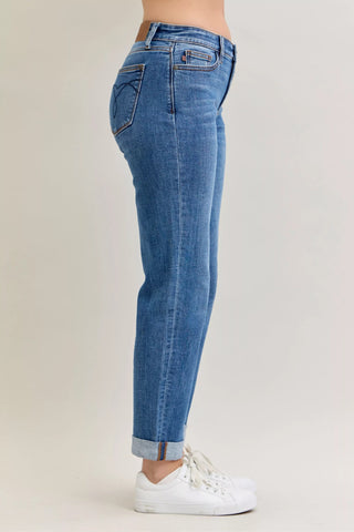 Judy Blue Full Size Mid Rise BF Classic Cuffed Jeans Plus Size - A Roese Boutique