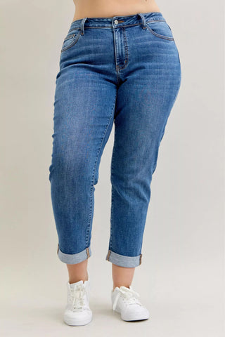 Judy Blue Full Size Mid Rise BF Classic Cuffed Jeans Plus Size - A Roese Boutique