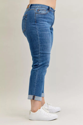 Judy Blue Full Size Mid Rise BF Classic Cuffed Jeans Plus Size - A Roese Boutique