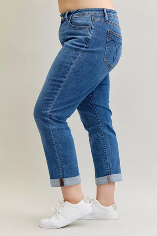 Judy Blue Full Size Mid Rise BF Classic Cuffed Jeans Plus Size - A Roese Boutique