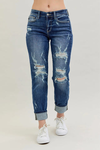 Judy Blue Full Size Mid Rise Cuffed Destroy Bf Jeans Plus Size - A Roese Boutique