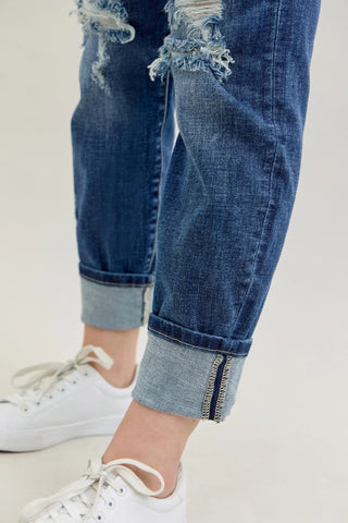 Judy Blue Full Size Mid Rise Cuffed Destroy Bf Jeans Plus Size - A Roese Boutique