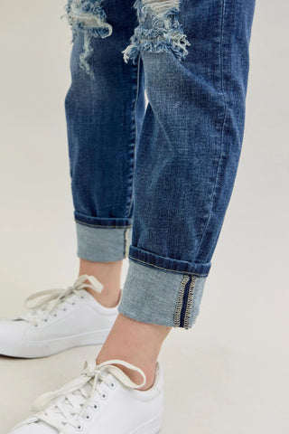 Judy Blue Full Size Mid Rise Cuffed Destroy Bf Jeans Plus Size - A Roese Boutique