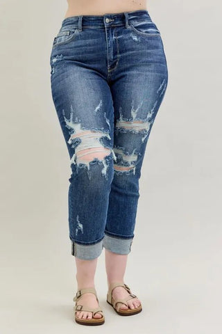 Judy Blue Full Size Mid Rise Cuffed Destroy Bf Jeans Plus Size - A Roese Boutique