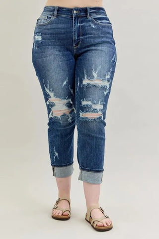 Judy Blue Full Size Mid Rise Cuffed Destroy Bf Jeans Plus Size - A Roese Boutique