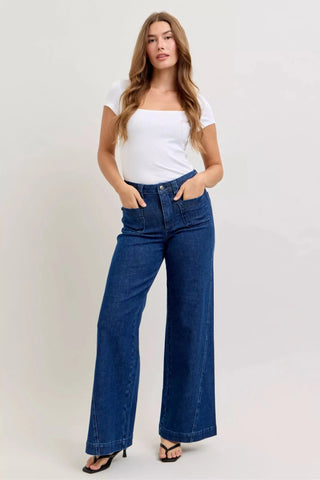 Judy Blue High - Waisted Retro Wide Jeans with Patch Pkts & Twisted Seams - A Roese Boutique