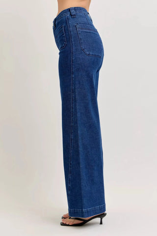 Judy Blue High - Waisted Retro Wide Jeans with Patch Pkts & Twisted Seams - A Roese Boutique