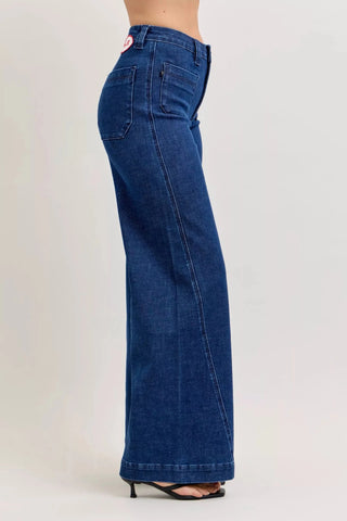 Judy Blue High - Waisted Retro Wide Jeans with Patch Pkts & Twisted Seams - A Roese Boutique