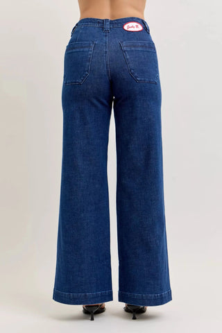 Judy Blue High - Waisted Retro Wide Jeans with Patch Pkts & Twisted Seams - A Roese Boutique