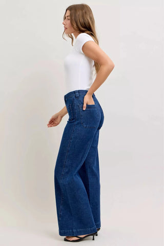 Judy Blue High - Waisted Retro Wide Jeans with Patch Pkts & Twisted Seams - A Roese Boutique