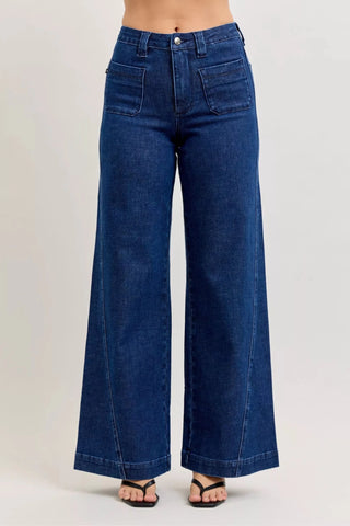Judy Blue High - Waisted Retro Wide Jeans with Patch Pkts & Twisted Seams - A Roese Boutique