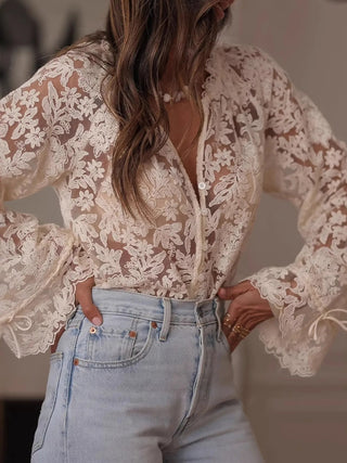 Lace Button Up Long Sleeve Shirt - A Roese Boutique