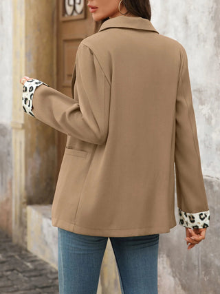 Lapel Collar Leopard Cuff Long Sleeve Blazer - A Roese Boutique