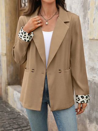 Lapel Collar Leopard Cuff Long Sleeve Blazer - A Roese Boutique