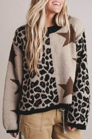 Leopard Star Pattern Round Neck Long Sleeve Shift Sweater - A Roese Boutique