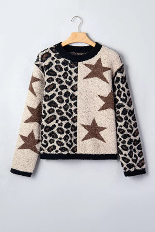 Leopard Star Pattern Round Neck Long Sleeve Shift Sweater - A Roese Boutique