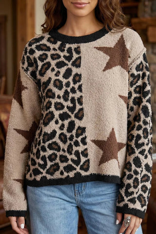 Leopard Star Pattern Round Neck Long Sleeve Shift Sweater - A Roese Boutique