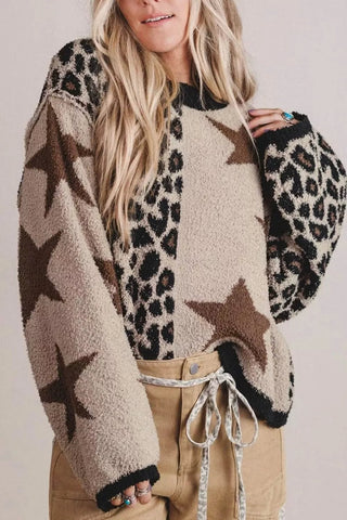 Leopard Star Pattern Round Neck Long Sleeve Shift Sweater - A Roese Boutique