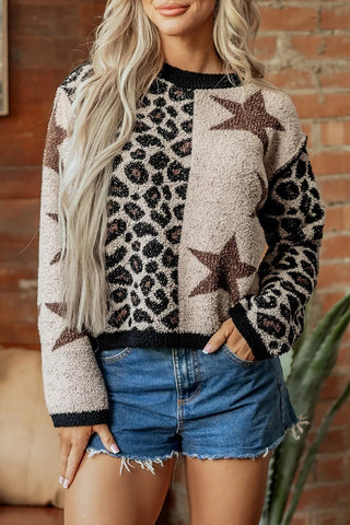 Leopard Star Pattern Round Neck Long Sleeve Shift Sweater - A Roese Boutique