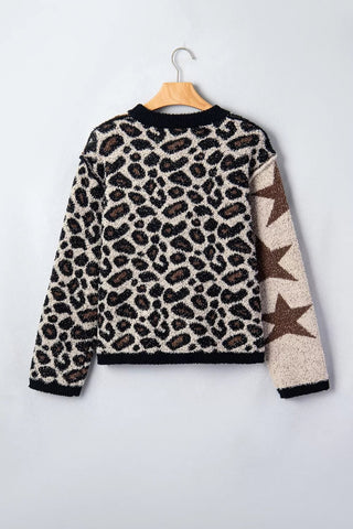 Leopard Star Pattern Round Neck Long Sleeve Shift Sweater - A Roese Boutique