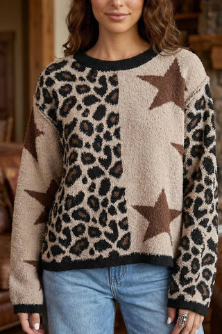 Leopard Star Pattern Round Neck Long Sleeve Shift Sweater - A Roese Boutique
