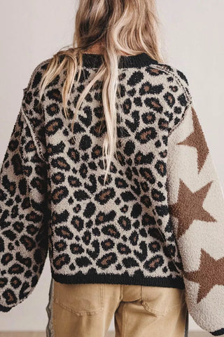 Leopard Star Pattern Round Neck Long Sleeve Shift Sweater - A Roese Boutique