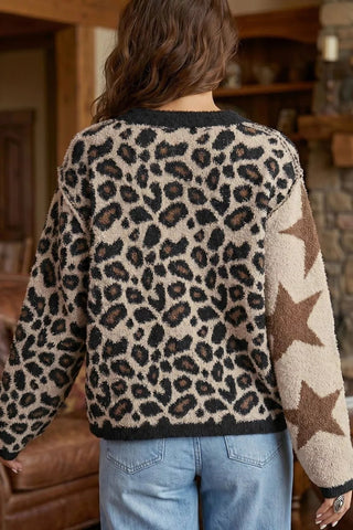 Leopard Star Pattern Round Neck Long Sleeve Shift Sweater - A Roese Boutique