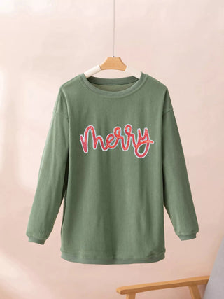 Merry Letter Christmas Sequined Twisted Ribbed Sweatshirt - A Roese Boutique