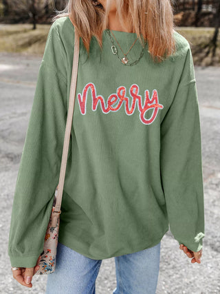 Merry Letter Christmas Sequined Twisted Ribbed Sweatshirt - A Roese Boutique