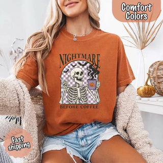 Nightmare Before Coffee Comfort Colors Shirt – Skeleton Funny Halloween Tee - A Roese Boutique
