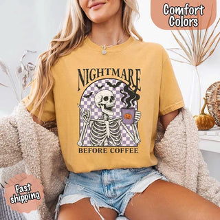 Nightmare Before Coffee Comfort Colors Shirt – Skeleton Funny Halloween Tee - A Roese Boutique