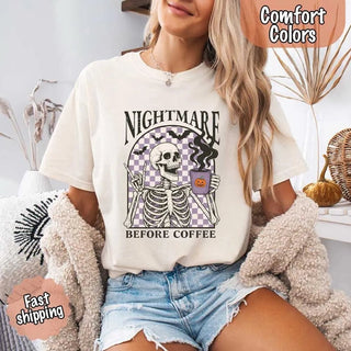 Nightmare Before Coffee Comfort Colors Shirt – Skeleton Funny Halloween Tee - A Roese Boutique