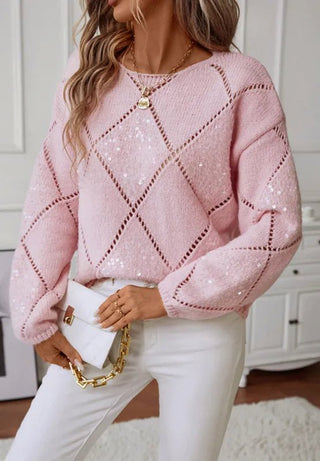 Openwork Sequin Round Neck Long Sleeve Sweater - A Roese Boutique