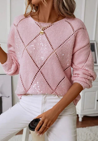 Openwork Sequin Round Neck Long Sleeve Sweater - A Roese Boutique