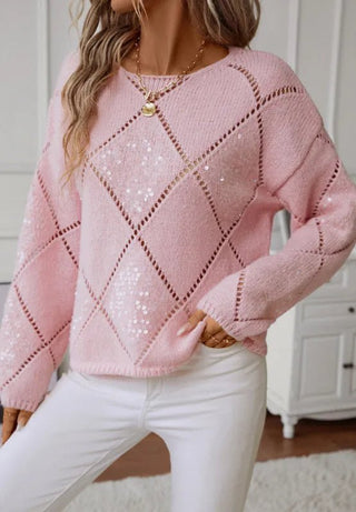 Openwork Sequin Round Neck Long Sleeve Sweater - A Roese Boutique
