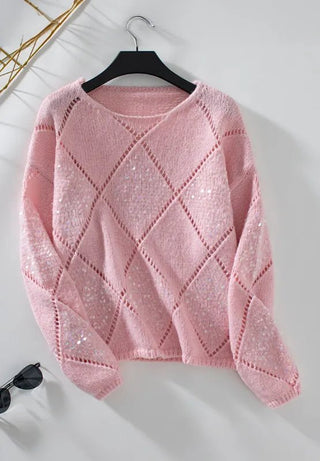 Openwork Sequin Round Neck Long Sleeve Sweater - A Roese Boutique