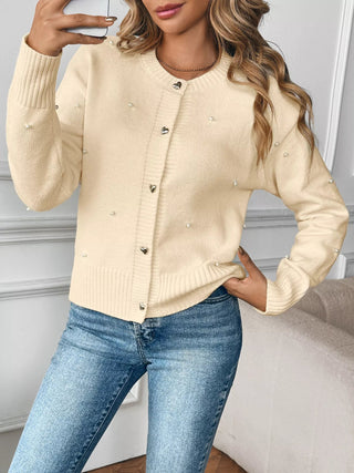 Pearl Embellished Button-Up Cardigan - A Roese Boutique