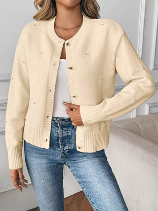 Pearl Embellished Button-Up Cardigan - A Roese Boutique