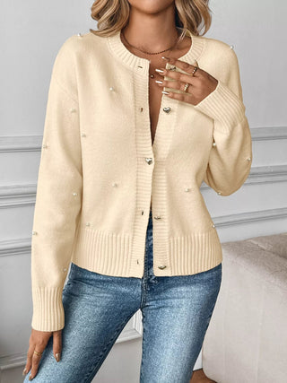 Pearl Embellished Button-Up Cardigan - A Roese Boutique