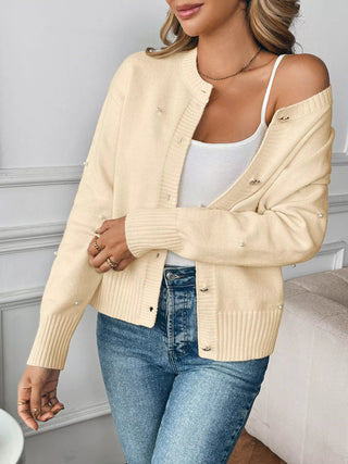 Pearl Embellished Button-Up Cardigan - A Roese Boutique