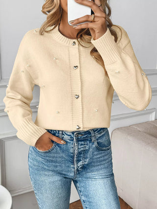 Pearl Embellished Button-Up Cardigan - A Roese Boutique