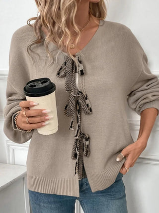 Perfee Tied Contrast Heart V-Neck Long Sleeve Cardigan - A Roese Boutique