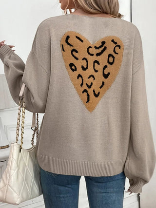 Perfee Tied Contrast Heart V-Neck Long Sleeve Cardigan - A Roese Boutique
